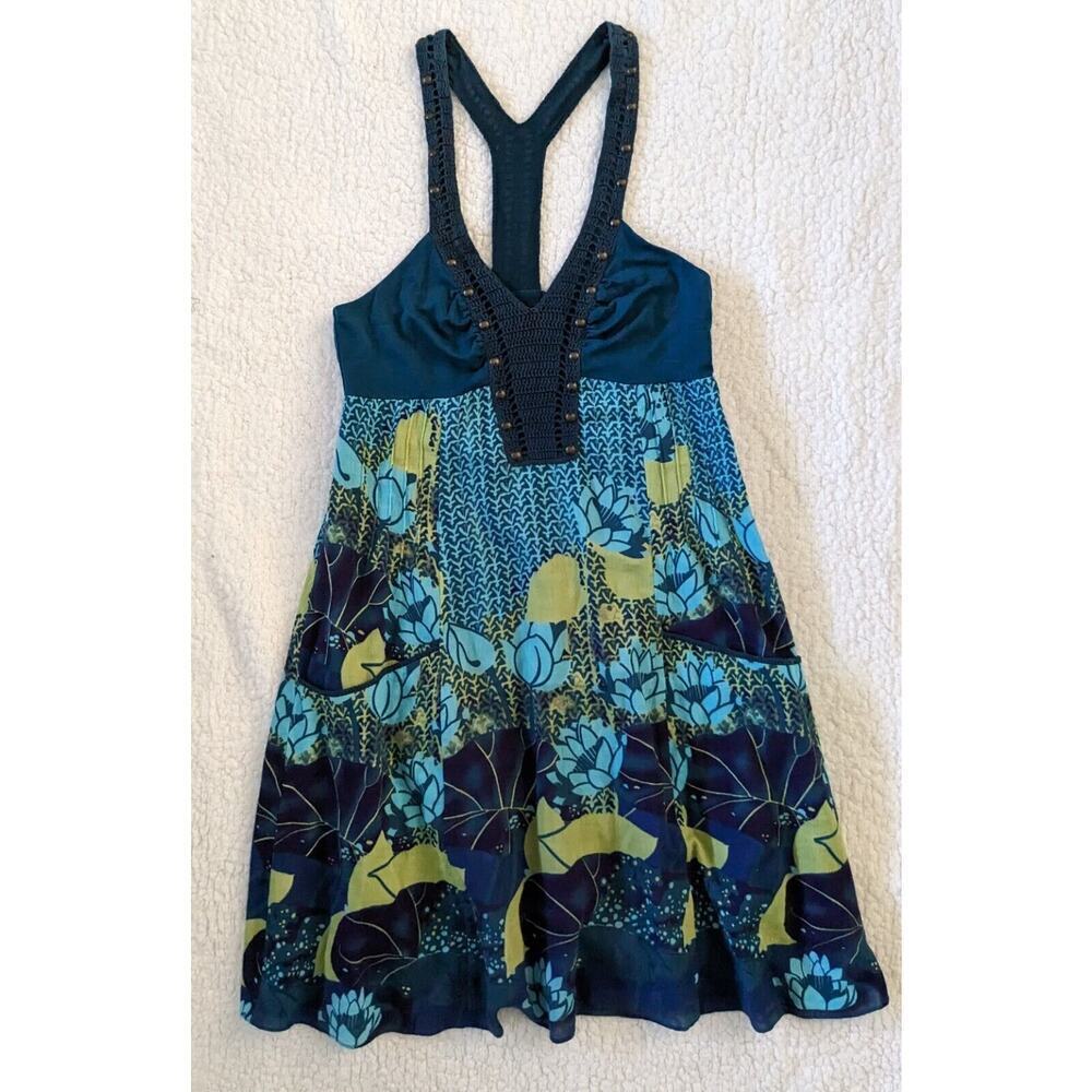FREE PEOPLE Blue & Green V Neck Racerback Open Knit Print Dress 6
